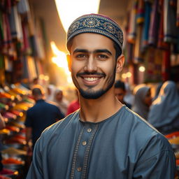 A handsome young Muslim man with striking features, wearing a stylish traditional thobe and a beautifully embroidered kufi cap