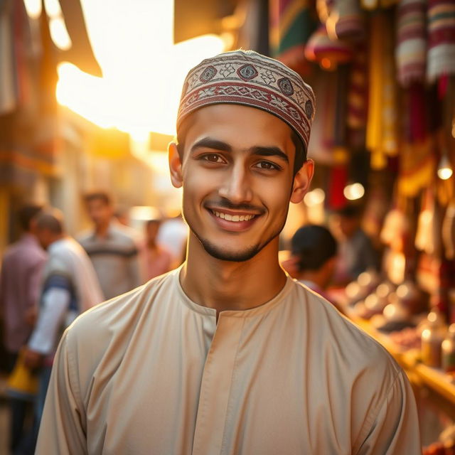 A handsome young Muslim man with striking features, wearing a stylish traditional thobe and a beautifully embroidered kufi cap