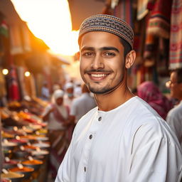 A handsome young Muslim man with striking features, wearing a stylish traditional thobe and a beautifully embroidered kufi cap