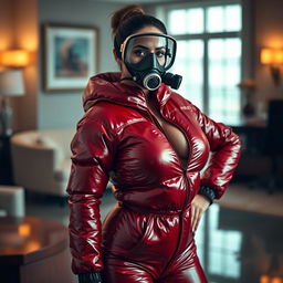 A stunning woman with a voluptuous figure modeled in a shiny red puffy cold water immersion suit that accentuates her generous cleavage