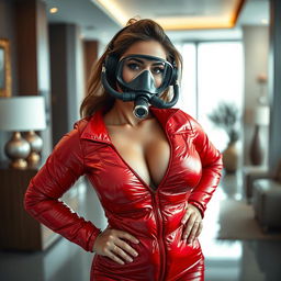 A stunning woman with a voluptuous figure modeled in a shiny red puffy cold water immersion suit that accentuates her generous cleavage
