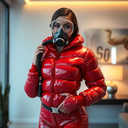 A captivating woman with an hourglass figure is showcased in a shiny red puffy cold water immersion suit that emphasizes her voluptuous breasts