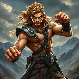 A young, handsome warrior, showcasing strength and determination, dressed in traditional battle armor, striking a powerful stance