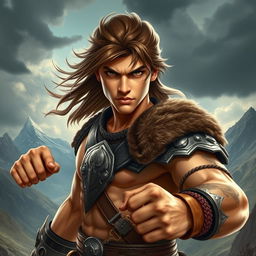 A young, handsome warrior, showcasing strength and determination, dressed in traditional battle armor, striking a powerful stance
