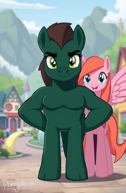 A muscular dark green pony standing confidently in the center of the image, facing forward with determined eyes