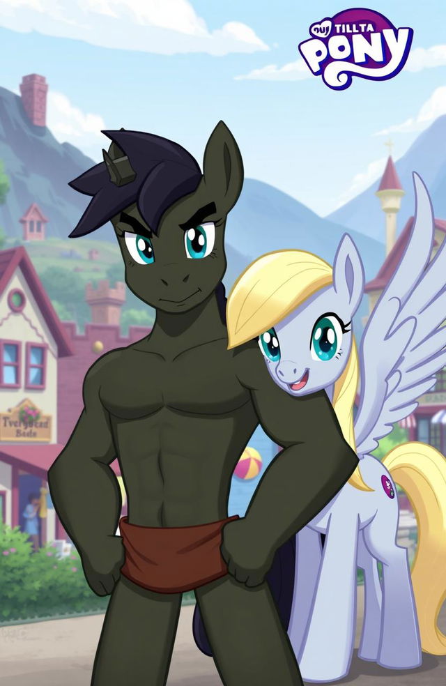 A muscular dark green pony standing confidently in the center of the image, facing forward with determined eyes