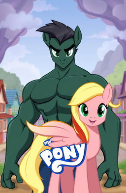 A muscular dark green pony standing confidently in the center of the image, facing forward with determined eyes