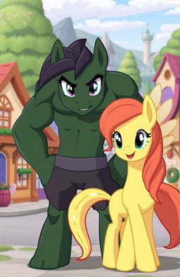 A muscular dark green pony standing confidently in the center of the image, facing forward with determined eyes