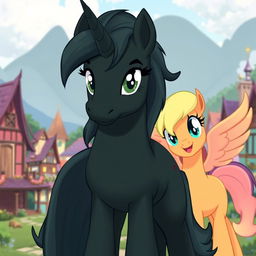 A strong dark green unicorn pony standing at the center of the image, gazing forward with determined eyes