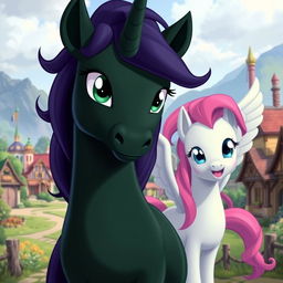A strong dark green unicorn pony standing at the center of the image, gazing forward with determined eyes