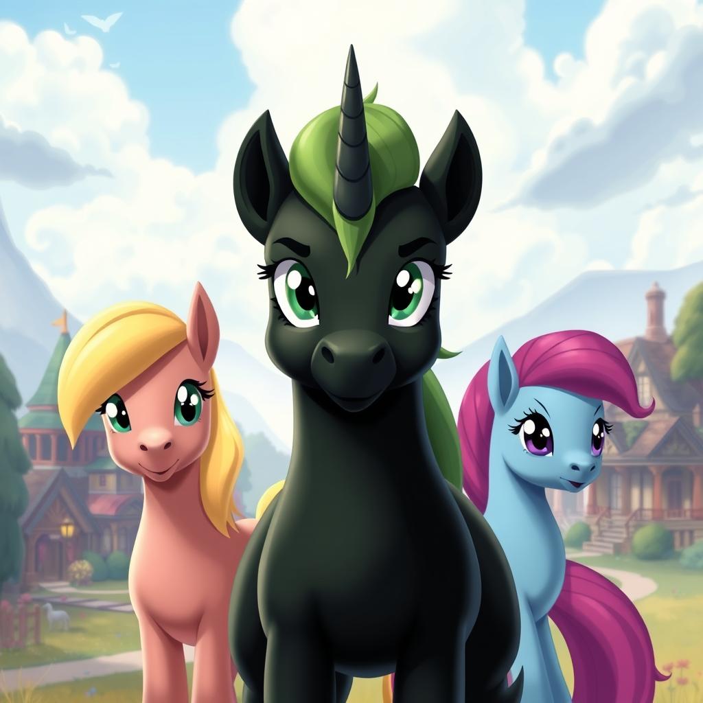 A strong dark green unicorn pony standing at the center of the image, gazing forward with determined eyes