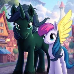 A strong dark green unicorn pony standing at the center of the image, gazing forward with determined eyes
