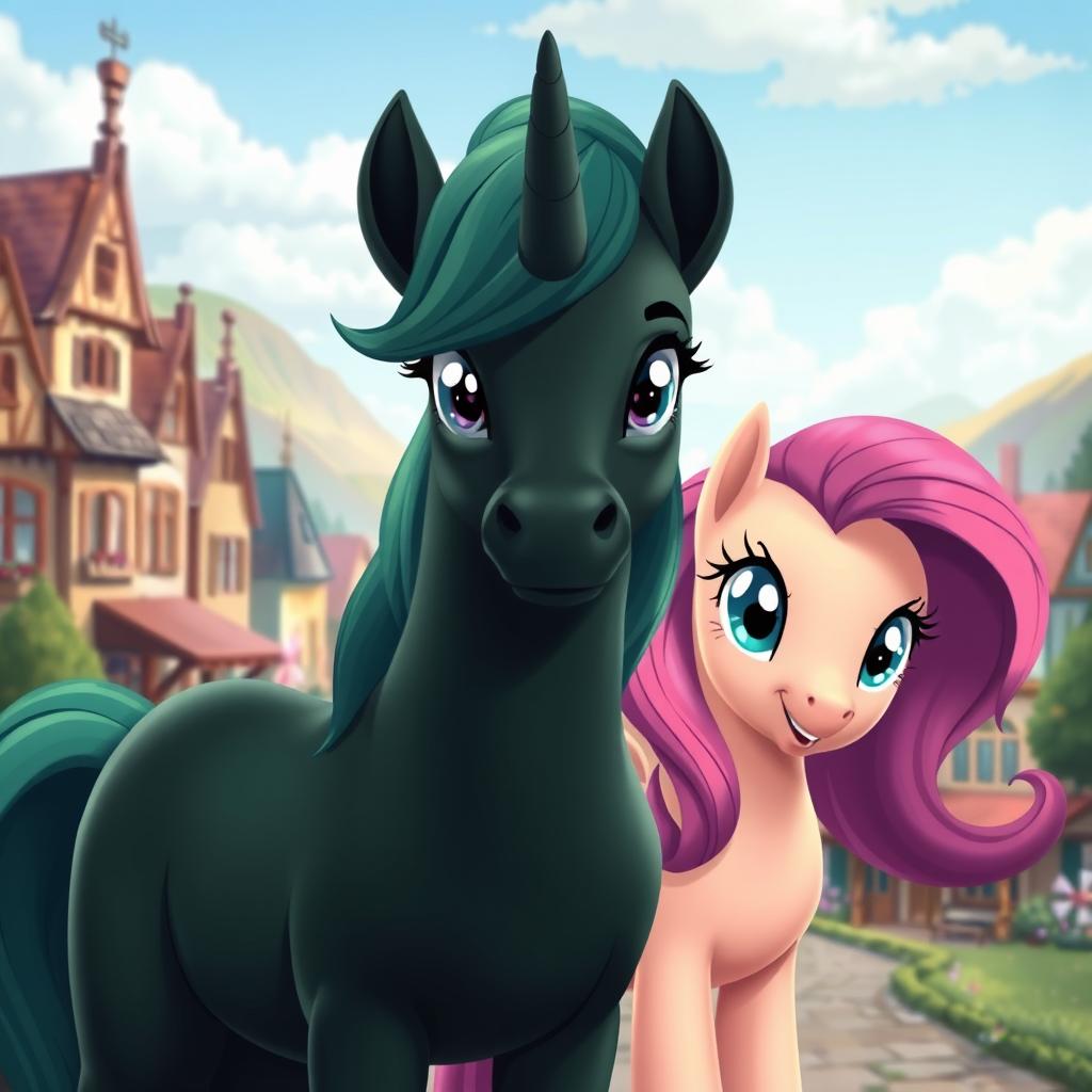 A dark green unicorn pony positioned in the center of the image, gazing straight ahead with determined eyes