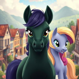 A dark green unicorn pony positioned in the center of the image, gazing straight ahead with determined eyes
