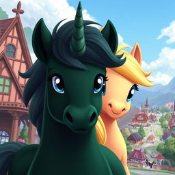 A dark green unicorn pony positioned in the center of the image, gazing straight ahead with determined eyes