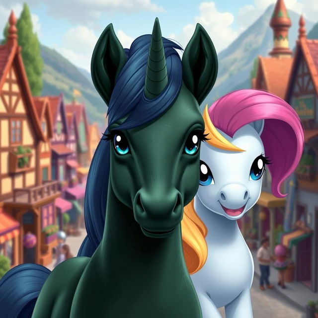 A dark green unicorn pony positioned in the center of the image, gazing straight ahead with determined eyes