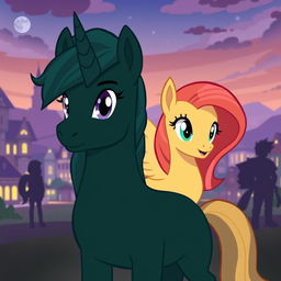 A dark green unicorn pony positioned at the center, looking forward with determined eyes