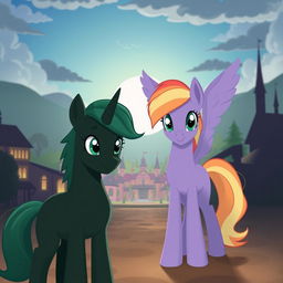 A dark green unicorn pony positioned at the center, looking forward with determined eyes