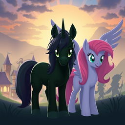 A dark green unicorn pony positioned at the center, looking forward with determined eyes