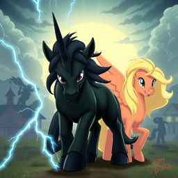 A fierce dark green unicorn pony positioned in the center, looking forward with determined eyes and an attack stance, with dark blue lightning bolts emanating from his body
