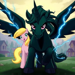 A fierce dark green unicorn pony positioned in the center, looking forward with determined eyes and an attack stance, with dark blue lightning bolts emanating from his body