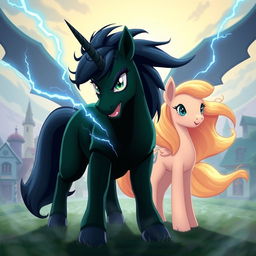 A fierce dark green unicorn pony positioned in the center, looking forward with determined eyes and an attack stance, with dark blue lightning bolts emanating from his body