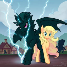 A fierce dark green unicorn pony without wings positioned in the center, looking forward with determined eyes and an attack stance, with dark blue lightning bolts emanating from his body