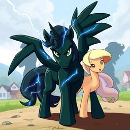 A fierce dark green unicorn pony without wings positioned in the center, looking forward with determined eyes and an attack stance, with dark blue lightning bolts emanating from his body
