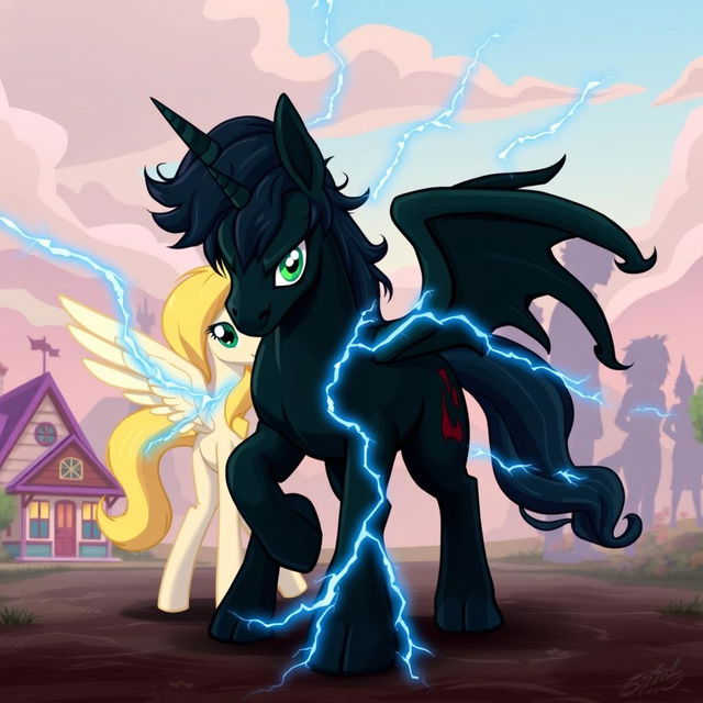 A fierce dark green unicorn pony without wings positioned in the center, looking forward with determined eyes and an attack stance, with dark blue lightning bolts emanating from his body