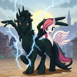 A fierce dark green unicorn pony without wings positioned in the center, looking forward with determined eyes and an attack stance, with dark blue lightning bolts emanating from his body