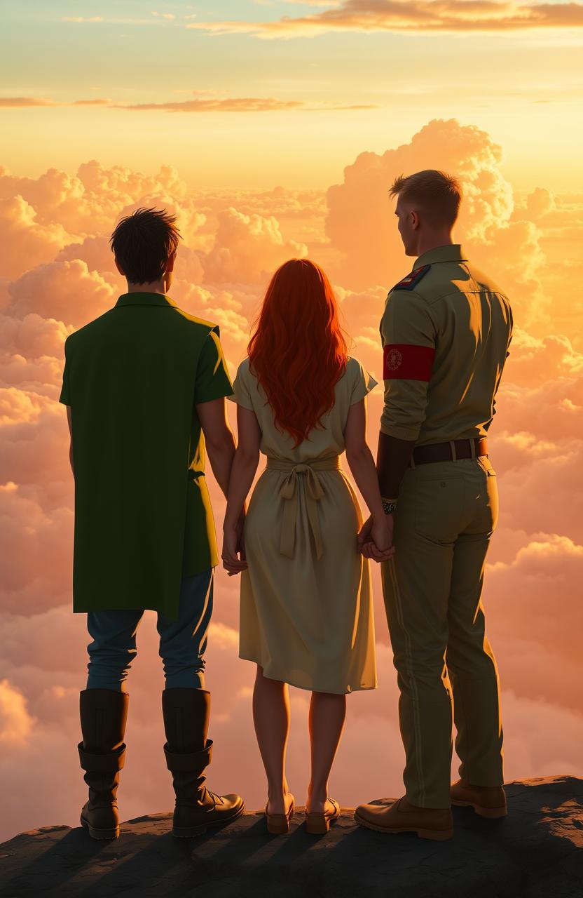 Three figures stand on a high ledge, gazing at a breathtaking sunset sky filled with soft, glowing clouds