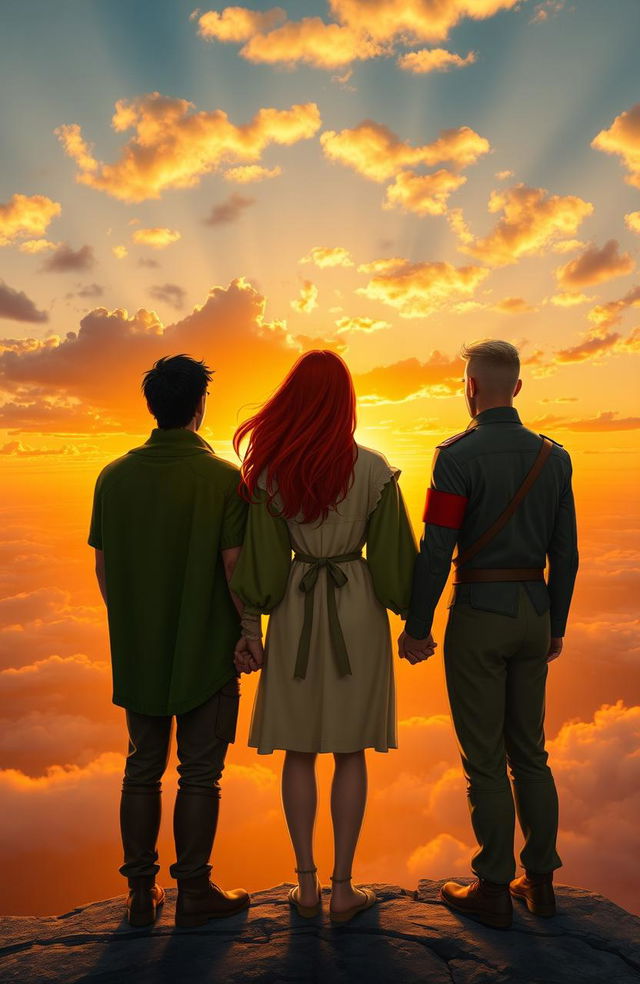 Three figures stand on a high ledge, gazing at a breathtaking sunset sky filled with soft, glowing clouds