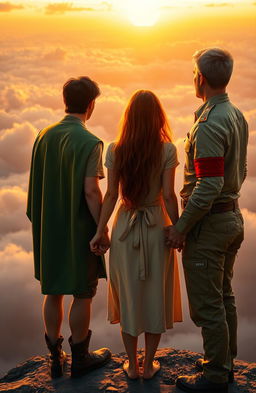 Three figures stand on a high ledge, gazing at a breathtaking sunset sky filled with soft, glowing clouds