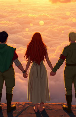Three figures stand on a high ledge, gazing at a breathtaking sunset sky filled with soft, glowing clouds