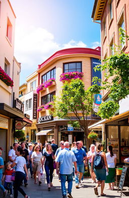 A vibrant street scene at the corner of Bidon Street, filled with colorful shops and bustling pedestrians