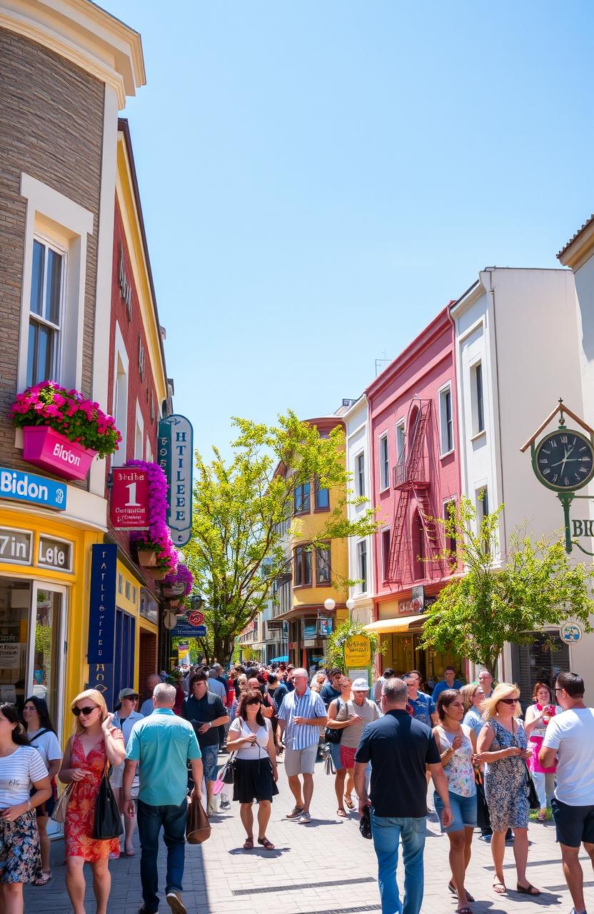 A vibrant street scene at the corner of Bidon Street, filled with colorful shops and bustling pedestrians