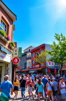A vibrant street scene at the corner of Bidon Street, filled with colorful shops and bustling pedestrians