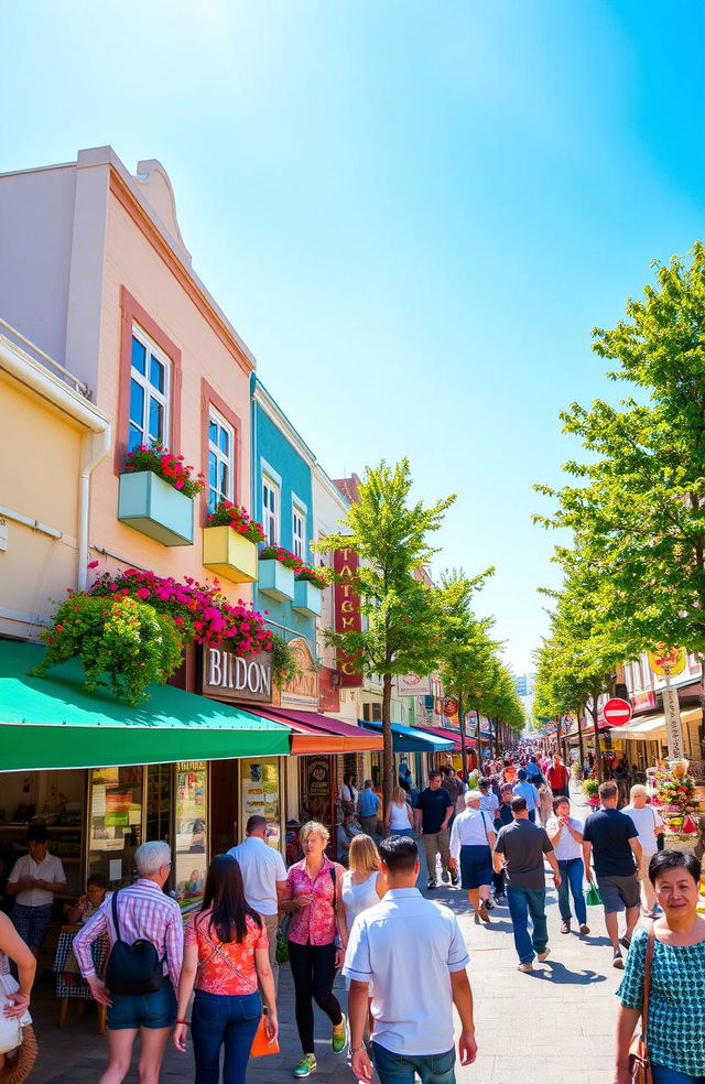 A vibrant street scene at the corner of Bidon Street, filled with colorful shops and bustling pedestrians