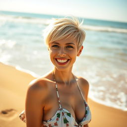 A sensual blonde woman with pixie hair, smiling brightly while standing on a beautiful beach