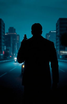 A thrilling night scene set in a vibrant city, featuring a distant car illuminated by city lights