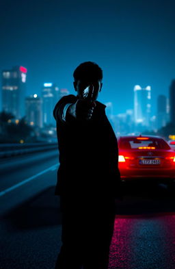 A thrilling night scene set in a vibrant city, featuring a distant car illuminated by city lights