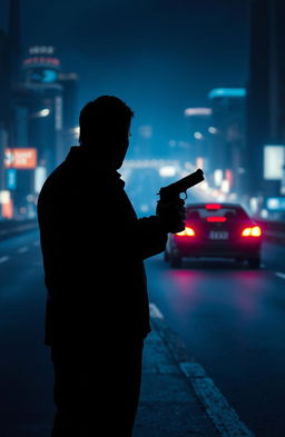 A thrilling night scene set in a vibrant city, featuring a distant car illuminated by city lights