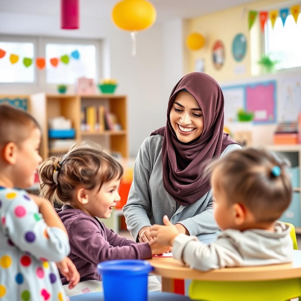 A beautiful Arab kindergarten teacher wearing a hijab, showcasing excellence and uniqueness