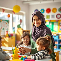 A beautiful Arab kindergarten teacher wearing a hijab, showcasing excellence and uniqueness