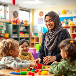 A beautiful Arab kindergarten teacher wearing a hijab, showcasing excellence and uniqueness