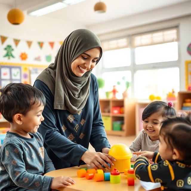 A beautiful Arab kindergarten teacher wearing a hijab, showcasing excellence and uniqueness