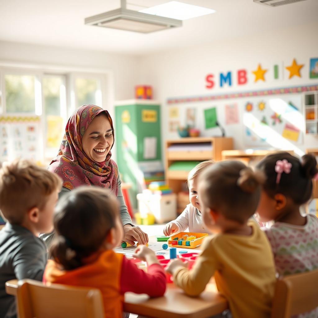 A joyful Arab kindergarten teacher wearing a colorful hijab is engaging with children in a bright and cheerful classroom filled with educational toys and books