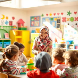 A joyful Arab kindergarten teacher wearing a colorful hijab is engaging with children in a bright and cheerful classroom filled with educational toys and books