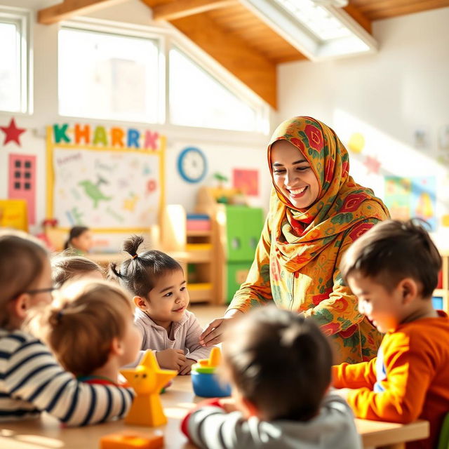 A joyful Arab kindergarten teacher wearing a colorful hijab is engaging with children in a bright and cheerful classroom filled with educational toys and books