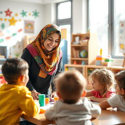 A joyful Arab kindergarten teacher wearing a colorful hijab is engaging with children in a bright and cheerful classroom filled with educational toys and books